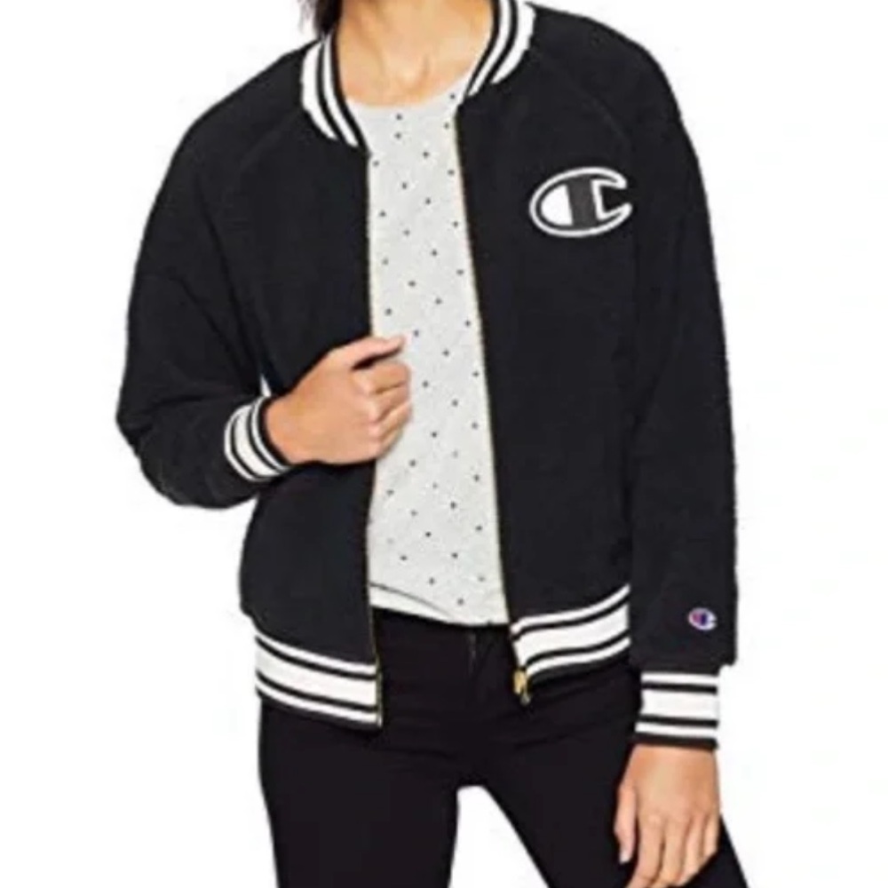Champion Black & White Sherpa Full Zip Varsity Jacket Women’s Size M
